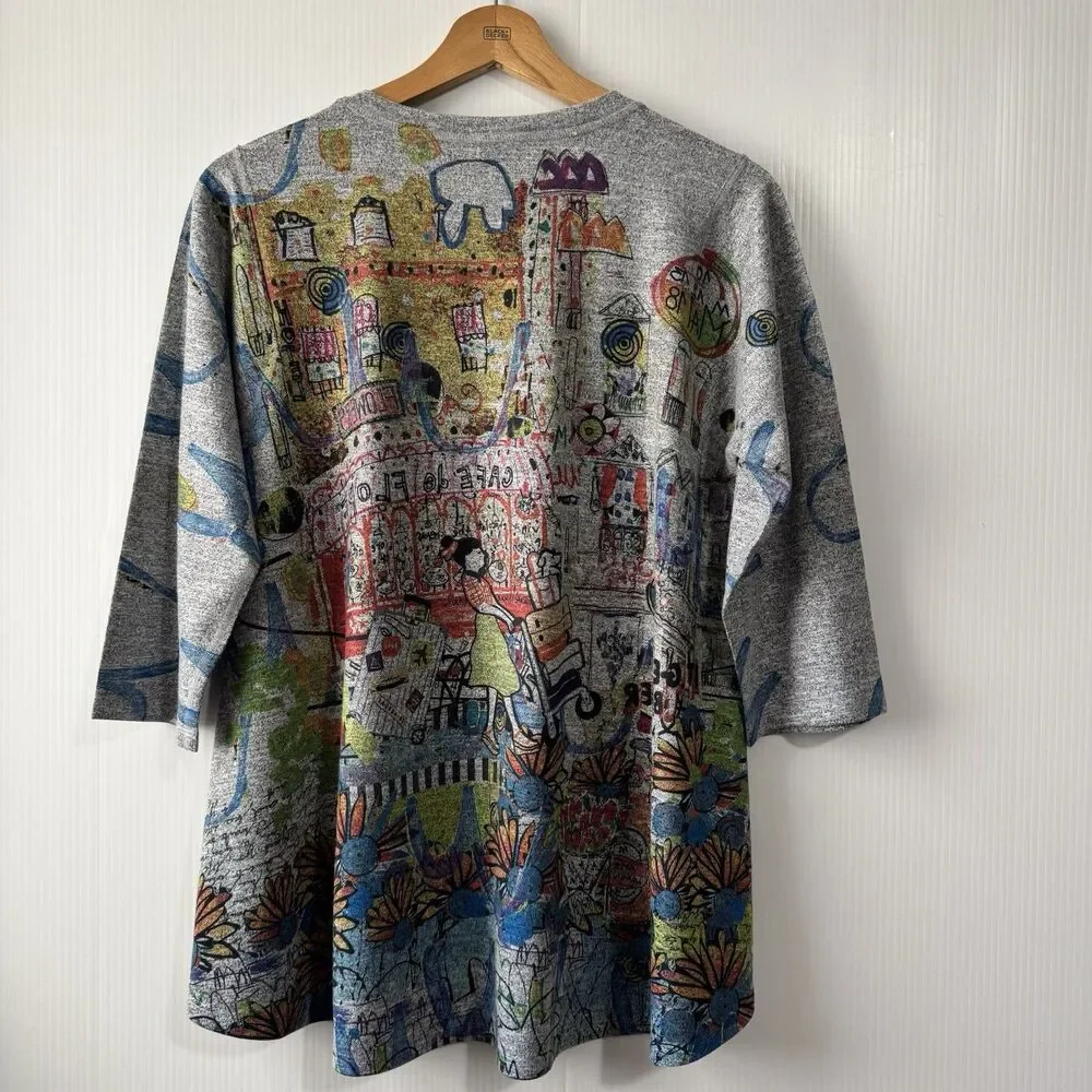 Inoah Women City Walk Crew Neck 3/4 Sleeve Top Size XS Tee Tunic Graffiti